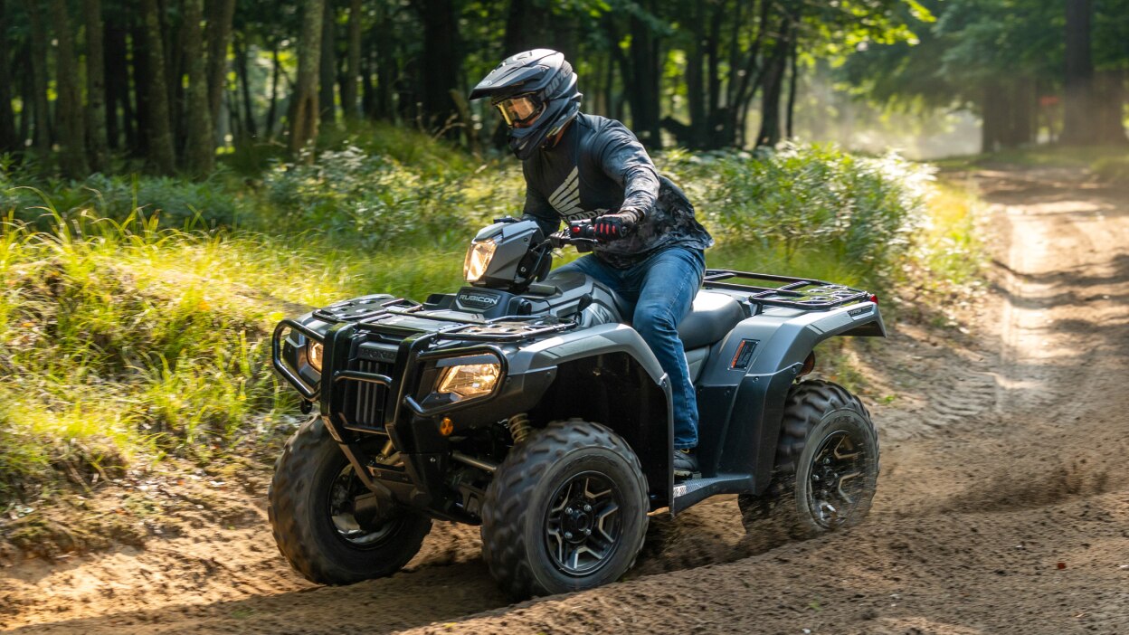 Rear view of driver on grey Rubicon, sitting up. Going left on dirt road.