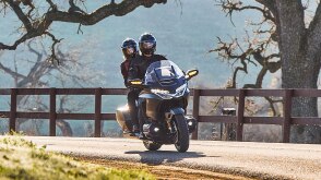 Two riders on green bike going right. Tall tree and fence in background.