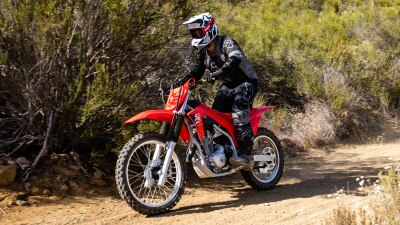 Young rider and dirt road. Front facing. Woodland background.