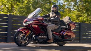 Rider on red Gold Wing Tour facing left. Fence and trees in background.