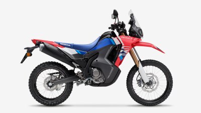 Right facing studio image of CRF300L Rally.