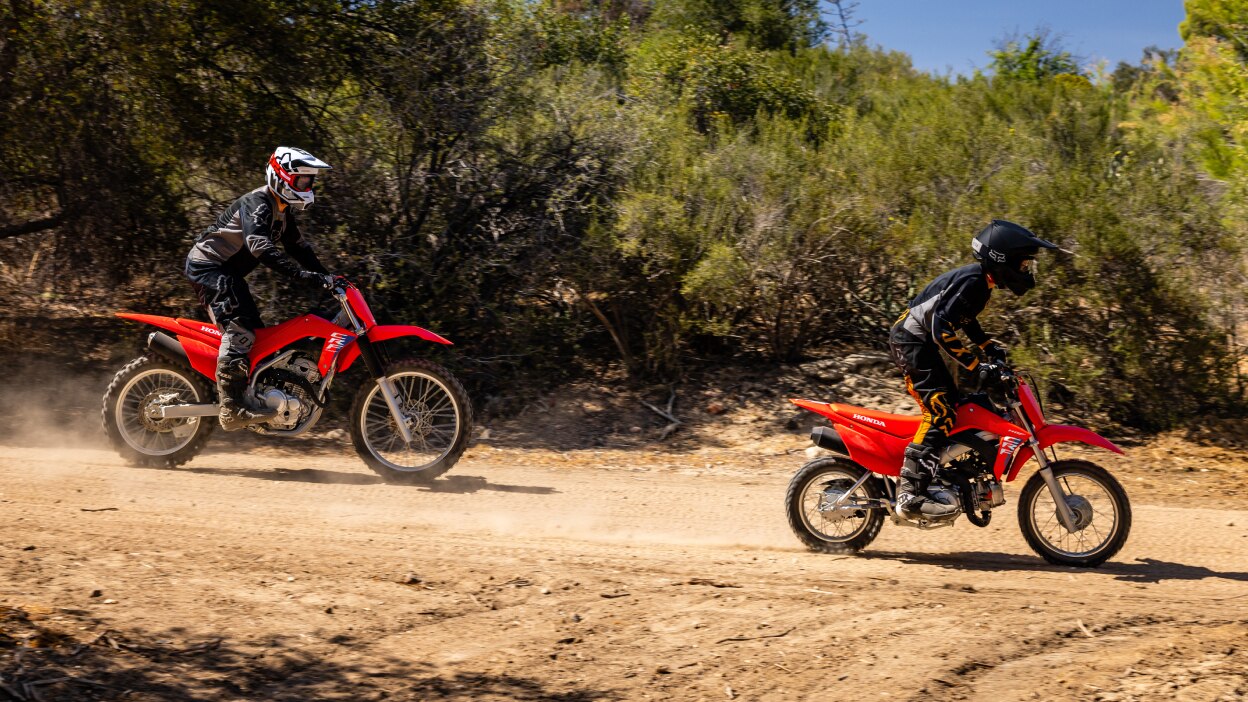 One young rider in front of adult rider, going left. Both sitting up on bikes. Right angle.