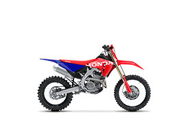 Right side profile of a red and blue Honda CRF250RX dirt bike.